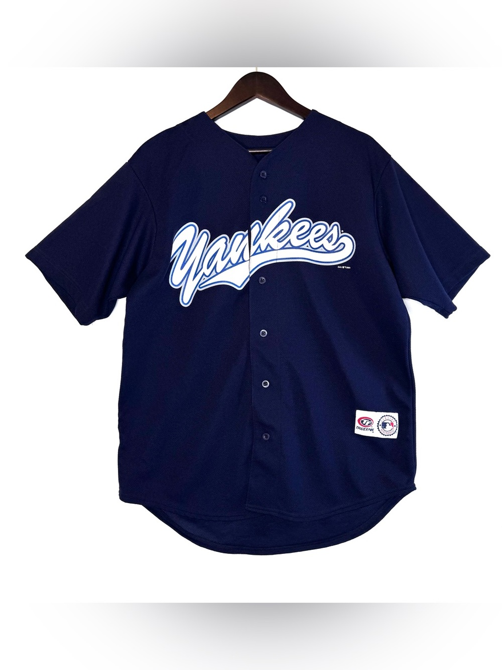 VTG NY Yankees short sleeve button down Derek Jeter jersey Sz M 2001 MLB blue